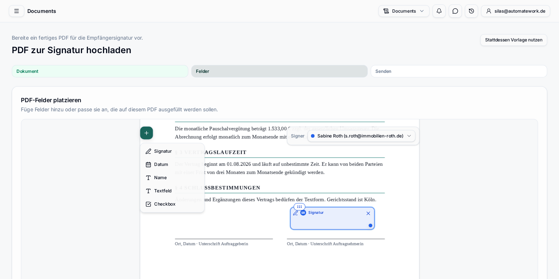Documents Oberfläche mit PDF-Feldern für Signatur, Datum und Textfeld