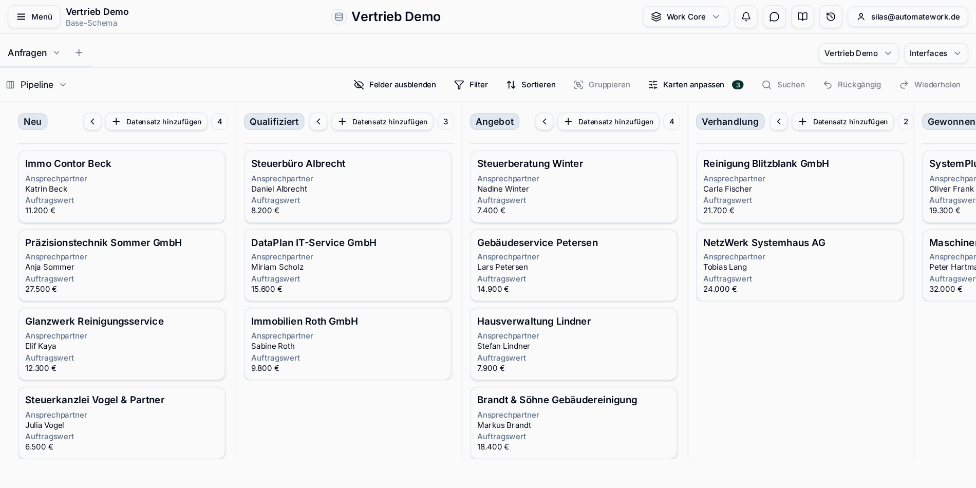 Work Core Kanban-Ansicht mit Vertriebs-Pipeline nach Status gruppiert